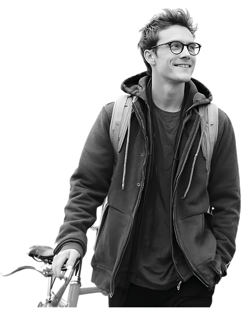 Young man with bicycle and backpack